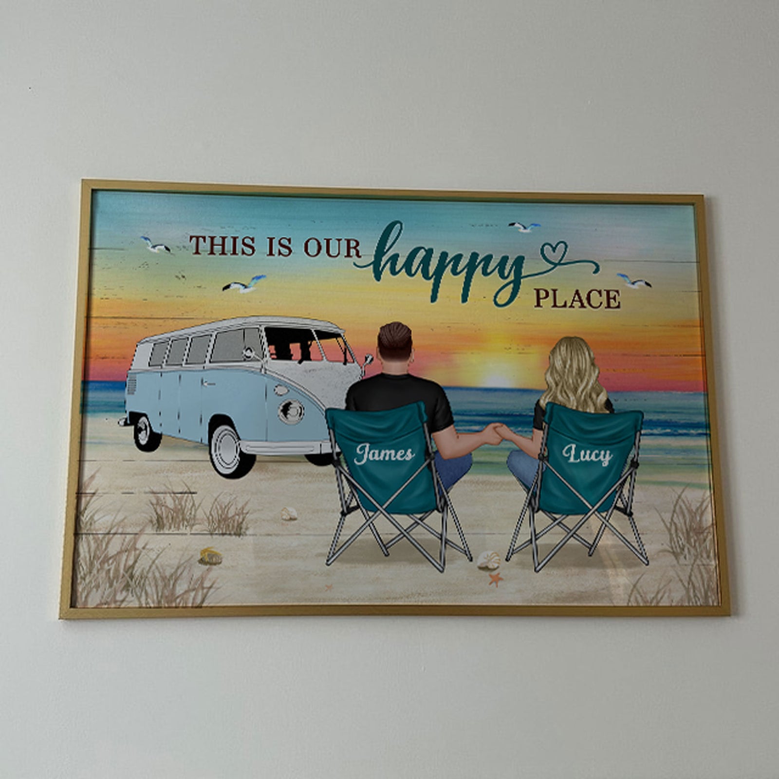 Back View Couple Camping Beach Landscape Personalized Horizontal Poster