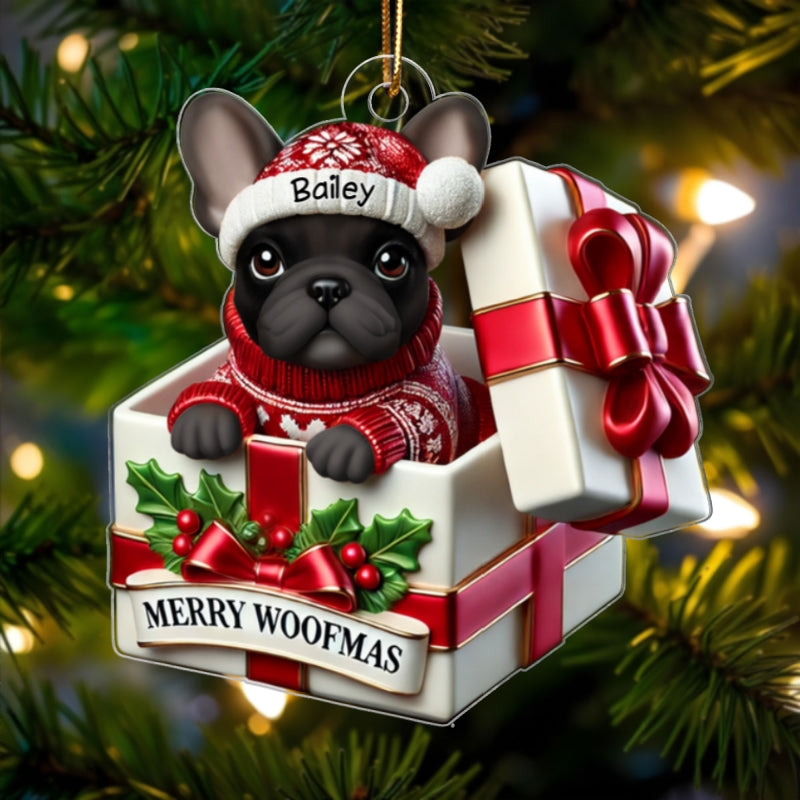 Cute Frenchie Inside Red Gift Box Personalized 2D Flat Acrylic Ornament, Christmas Gift for Dog Lovers
