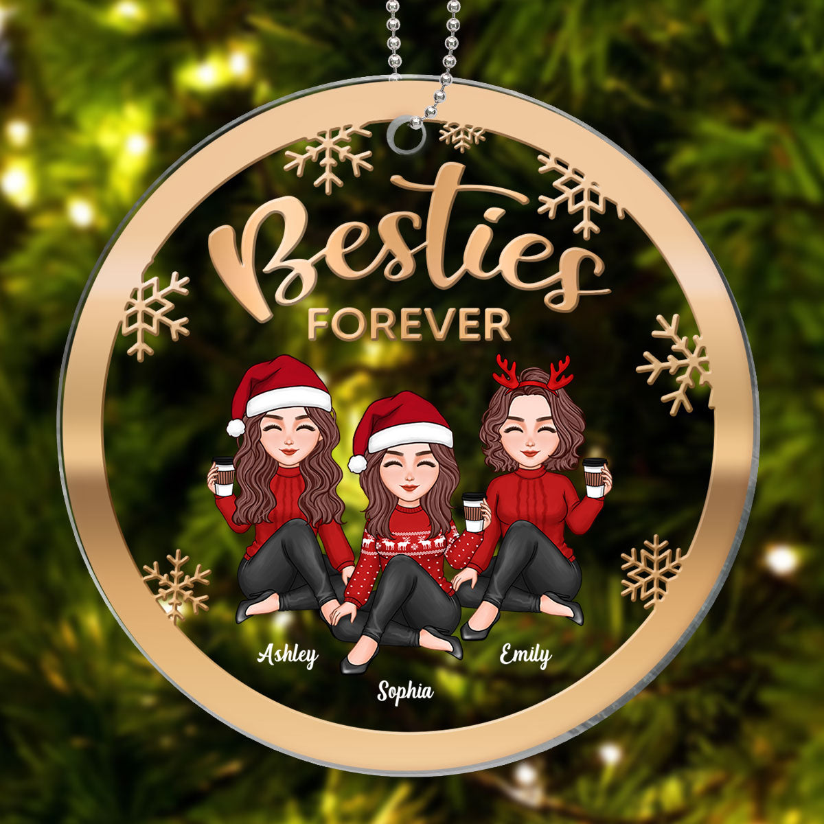 Gradient Christmas Cute Besties Sisters Sitting Personalized Acrylic Ornament