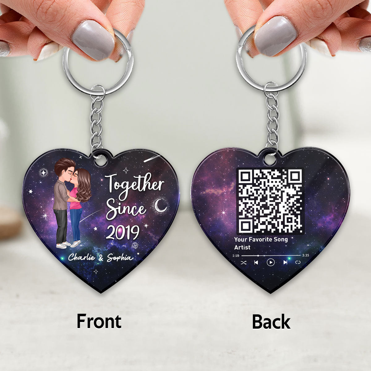 Doll Couple Kissing In Galaxy Night Favorite Song Scannable QR Code Personalized Heart Shape Acrylic Keychain