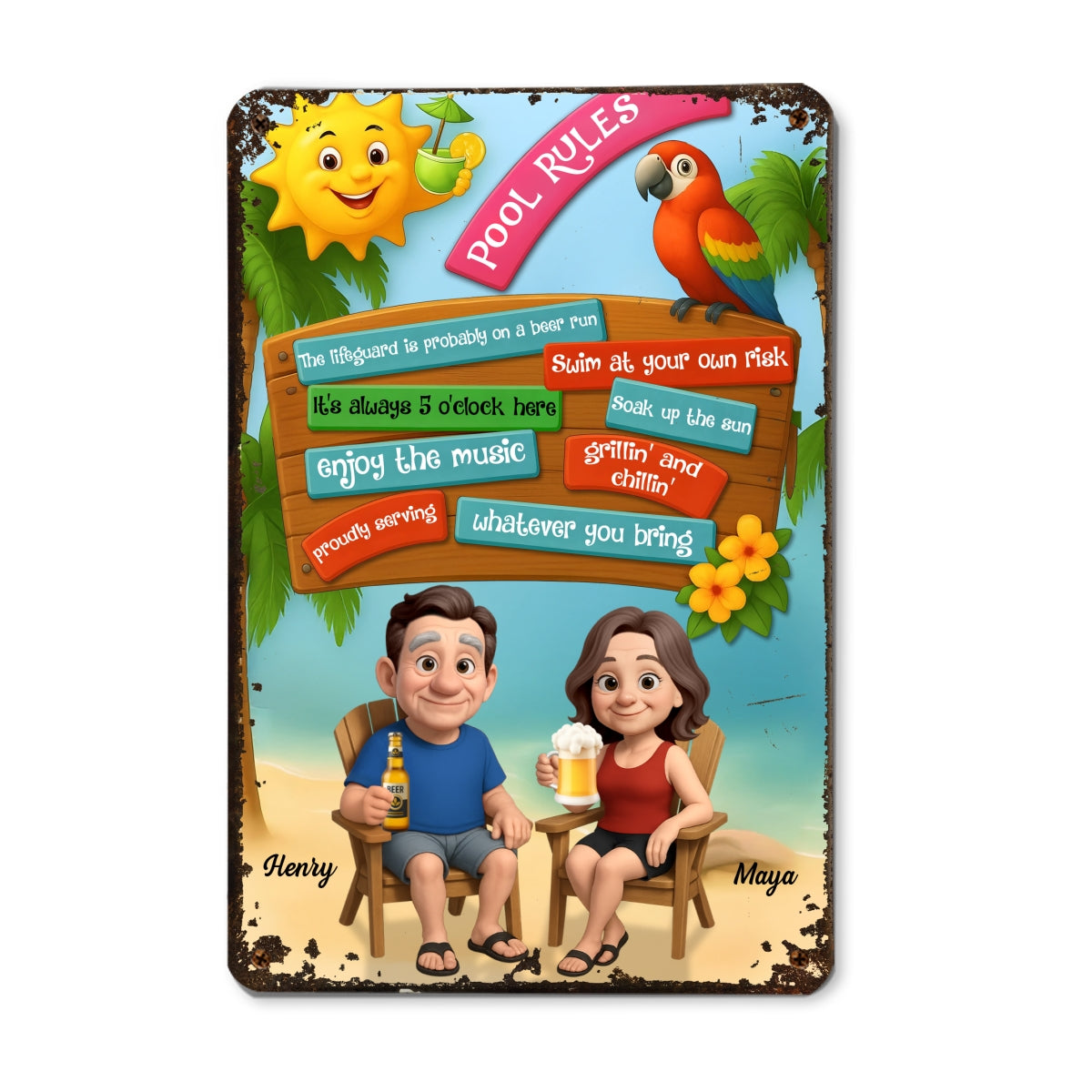 Pool Rules Couple Summer 3D Effect Personalized Metal Sign