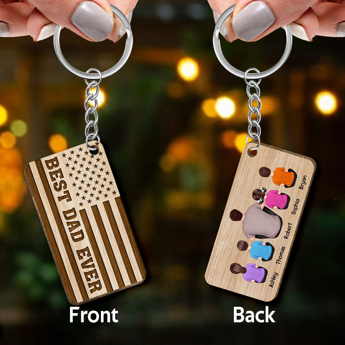 TRENDINGCUSTOM Best Dad Ever Flag Back View Man Kids Dog Cat Personalized Wooden Keychain