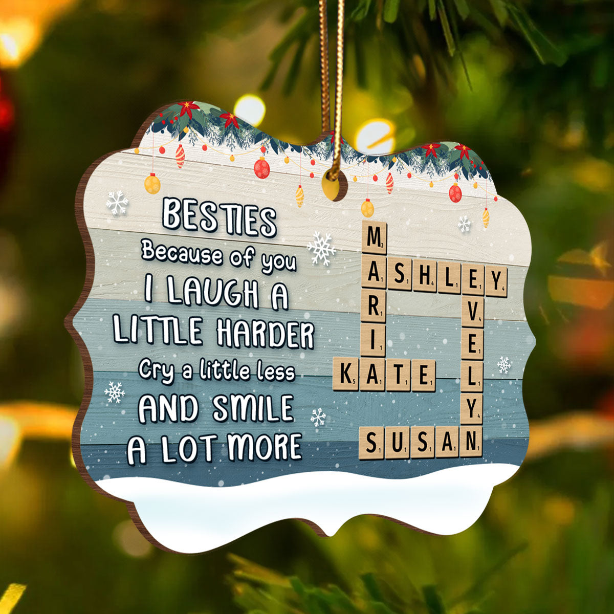 Besties Sisters Smile A Lot More Crossword Puzzle Art Personalized Wooden Ornament, Christmas Gift for Best Friends, Sisters