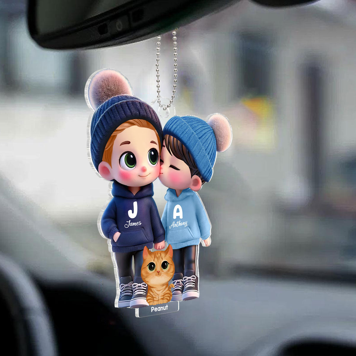 3D Effect Cute Cartoon Couple Watercolor Dogs Cats Personalized Acrylic Car Hanger,  Gift for Him, Gift for Her, Pet Lovers