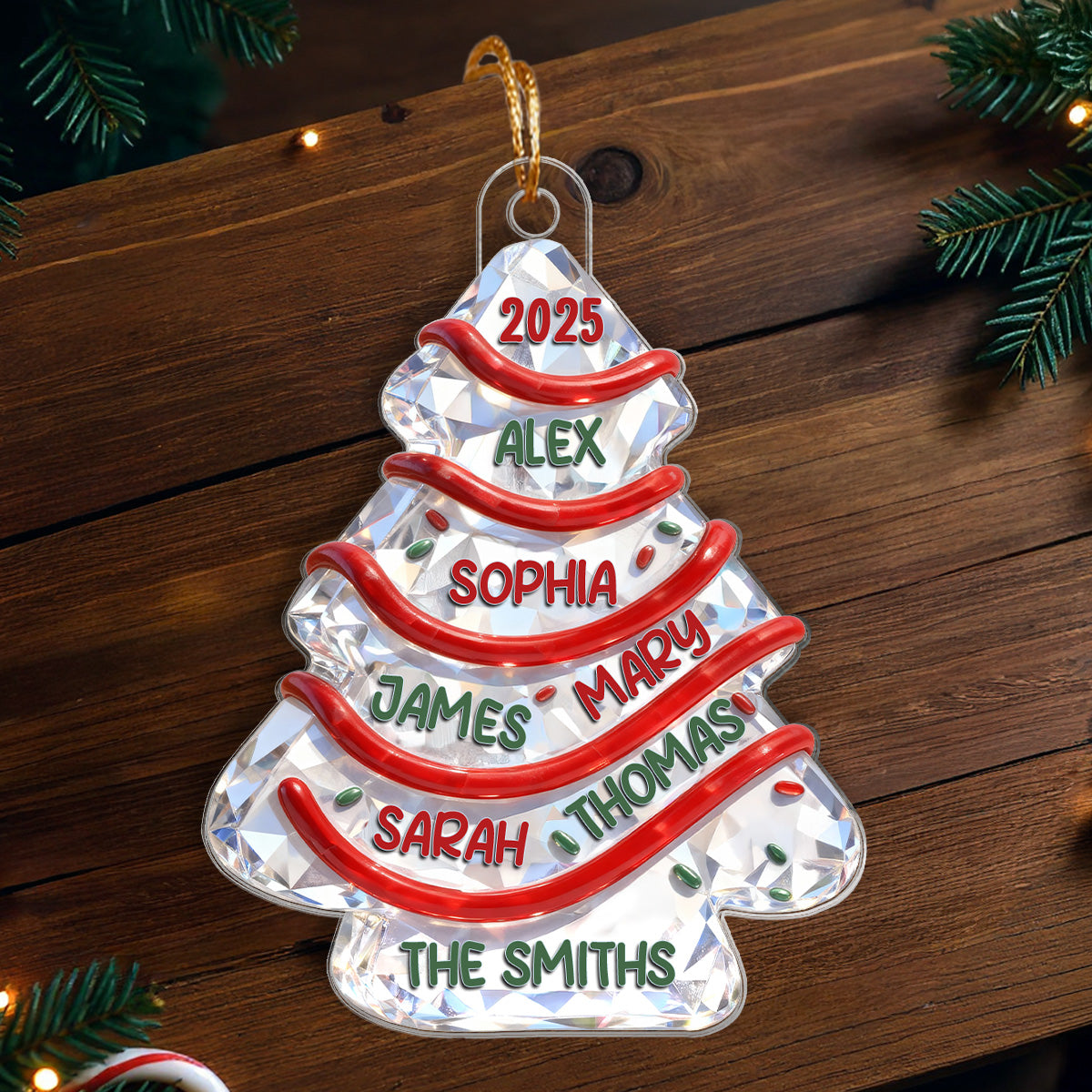 3D Effect Flat Family Names Christmas Tree Cake - Personalized Acrylic Ornament - Christmas Gift For Whole Family, Extended Family