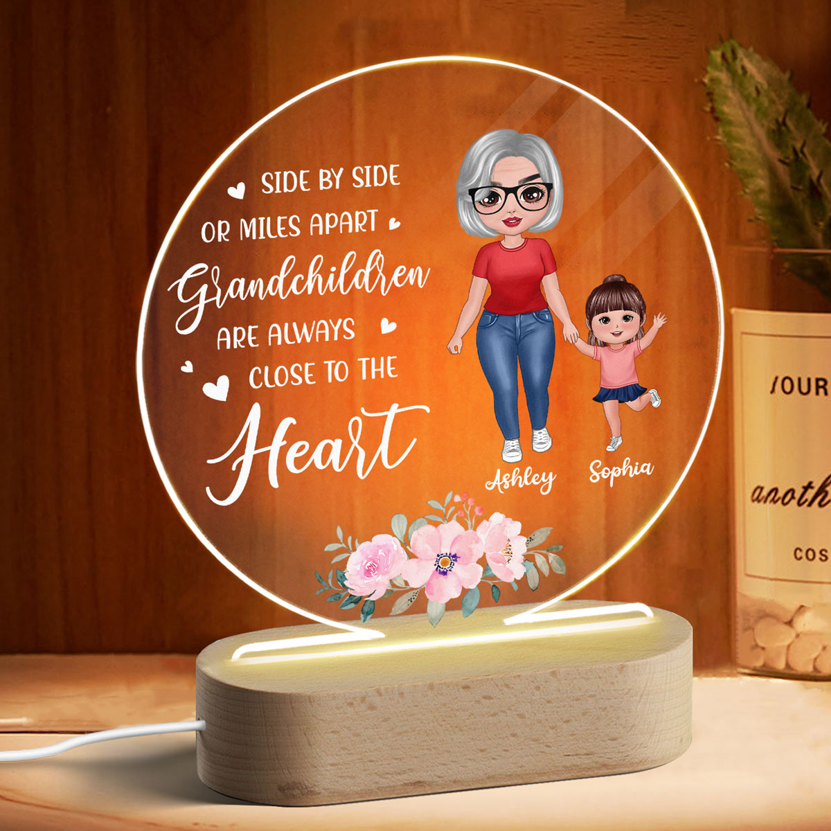 Grandchildren Are always Close To The Heart Personalized Circle Acrylic Plaque LED Night Light