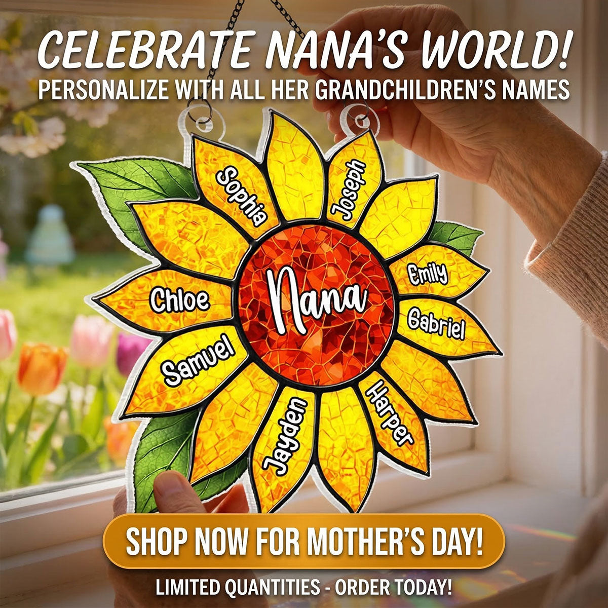 Grandkids Name In Sunflower Daisy - Personalized Suncatcher - Mother's Day Home Decor Gift For Grandma