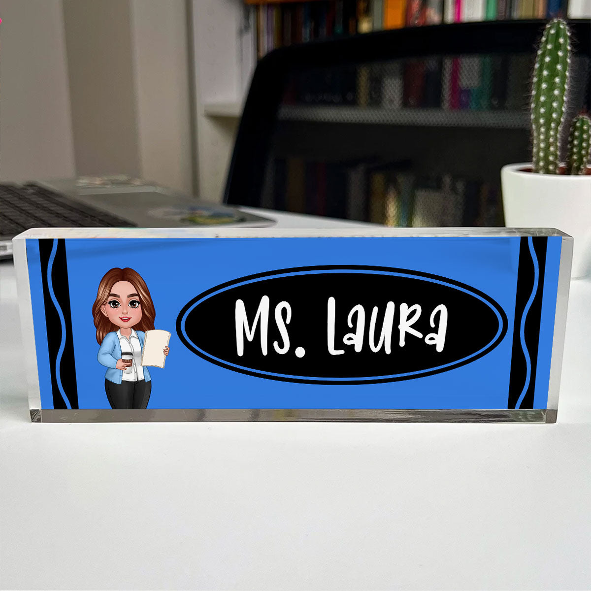 Teacher Crayon Pattern Personalized Acrylic Desk Name Plate, Back To School Gift For Teacher