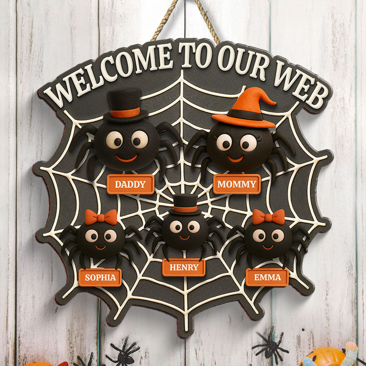 Welcome To Our Web Spiders Family 3D Effect Personalized Door Sign, Halloween Decor