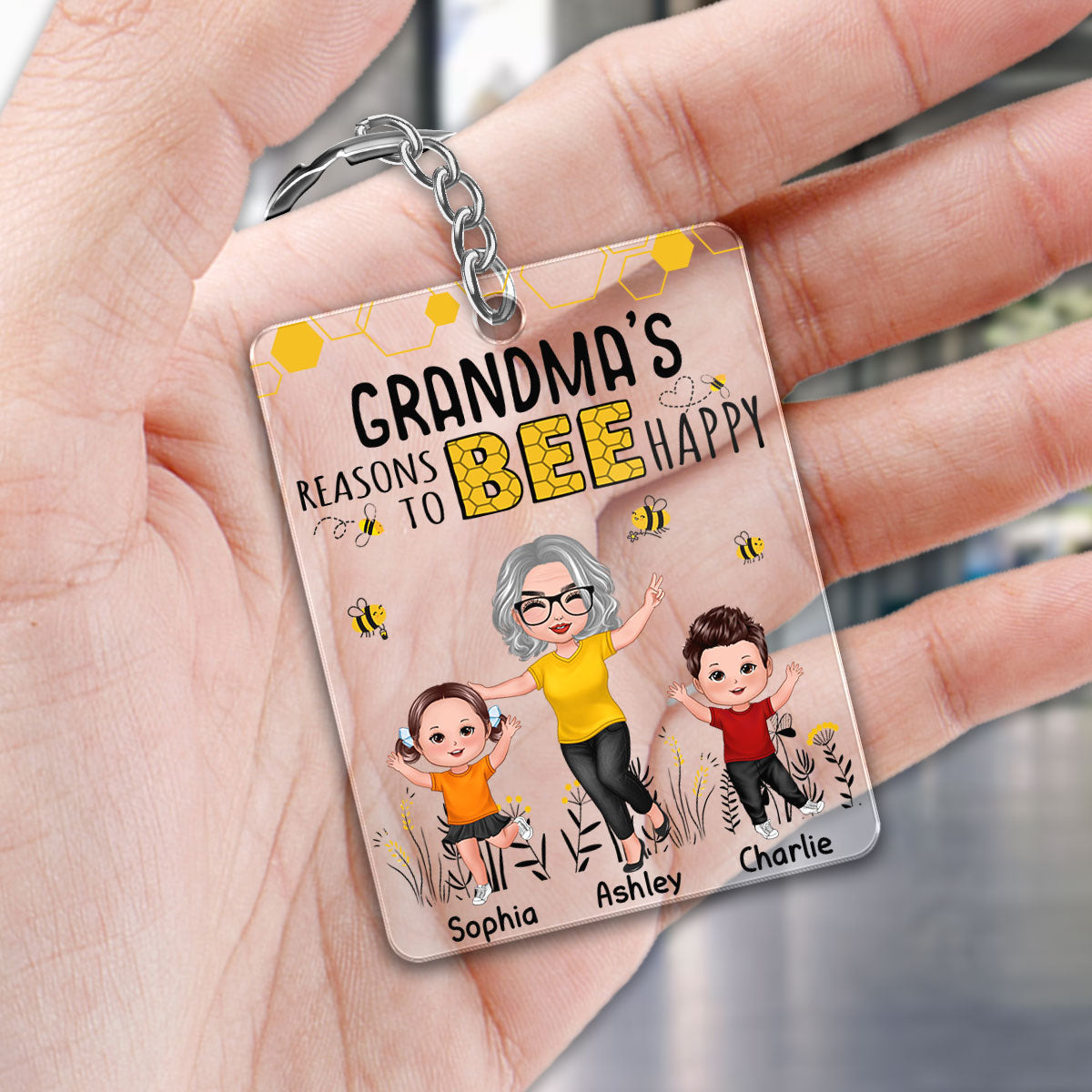 Reasons To Bee Happy Doll Grandma Grandkids Personalized Acrylic Keychain