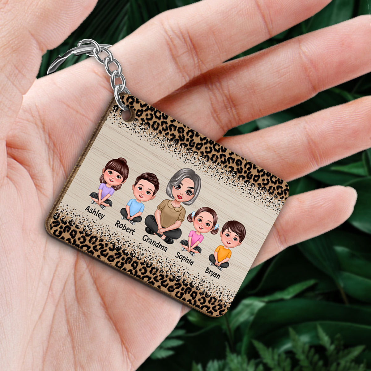 Keep This With You We Love You Leopard Pattern Pretty Grandma & Doll Kids Personalized Wooden Keychain