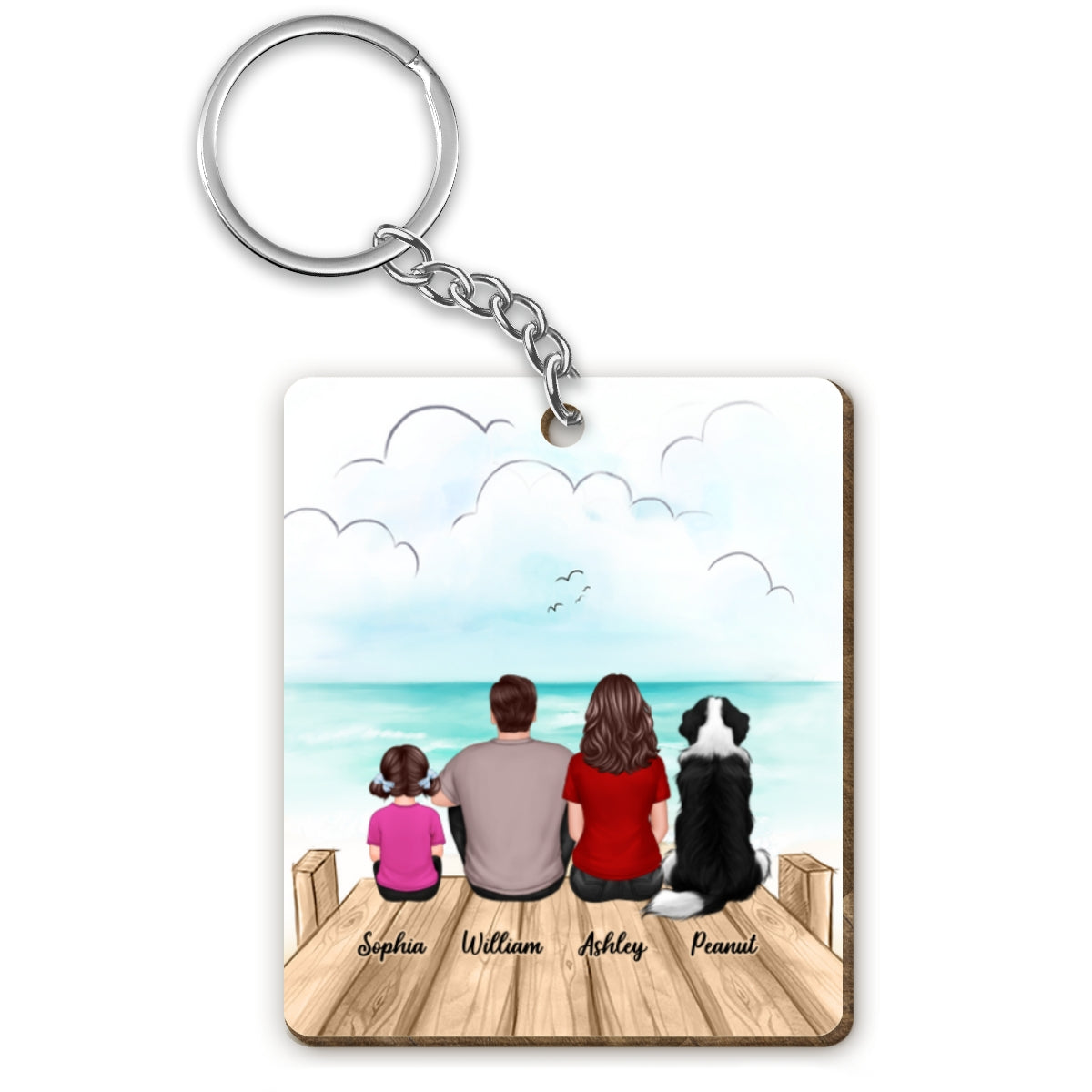 Family Dogs Cats Sitting On Bridge Personalized Wooden Keychain