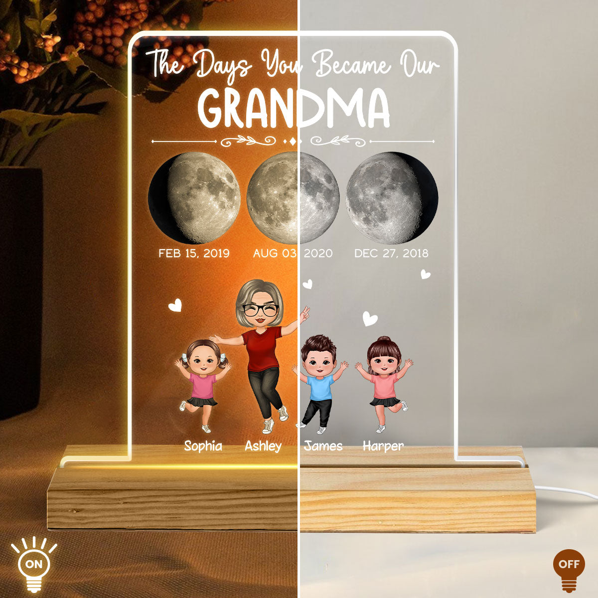 The Days You Became Our Grandma Moon Phase Art Personalized Acrylic Plaque With Warm LED Night Light
