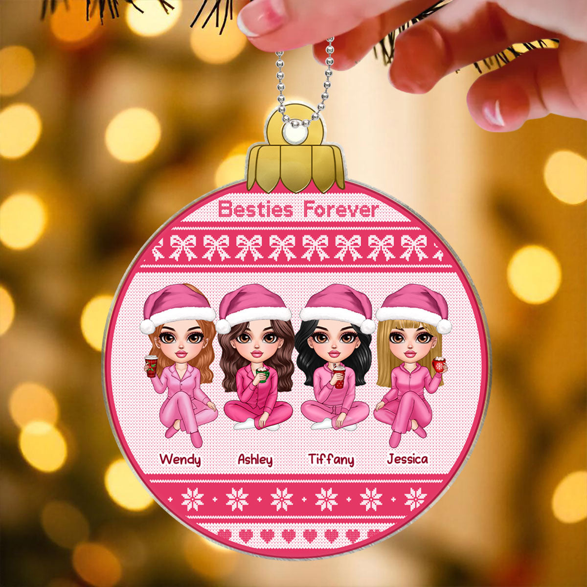 Besties Sisters Ugly Sweater Pattern Personalized Acrylic Ornament, Christmas Gift