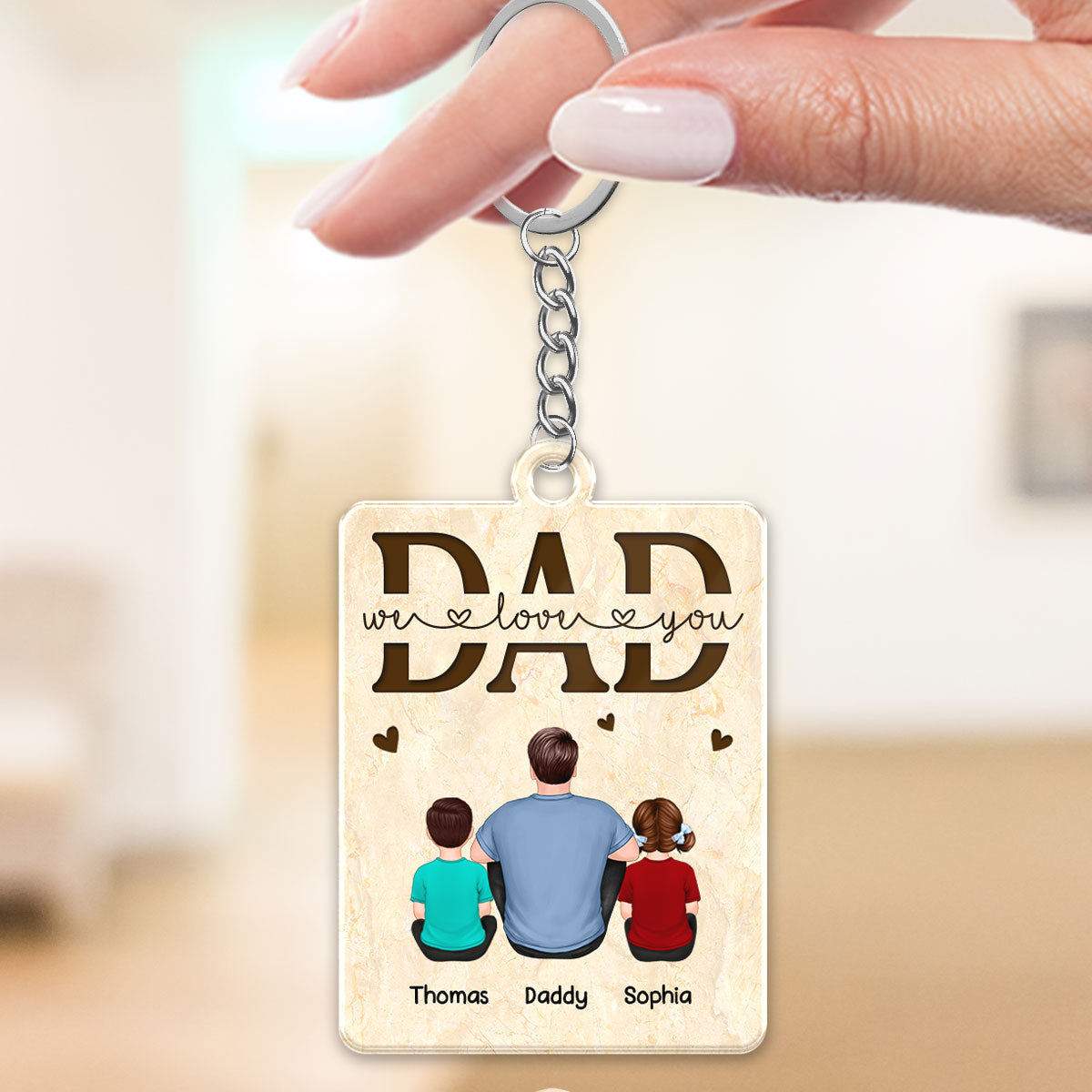 We Love You Dad Back View Man Sitting With Kids Dogs Cats Personalized Acrylic Keychain
