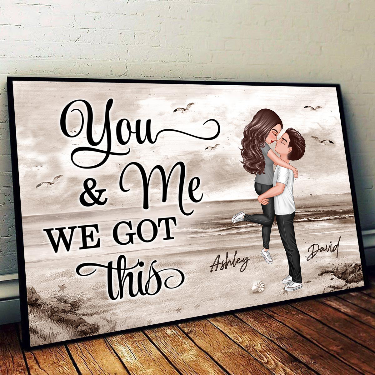 Retro Vintage Couple Hugging Kissing Beach Landscape Personalized Horizontal Poster