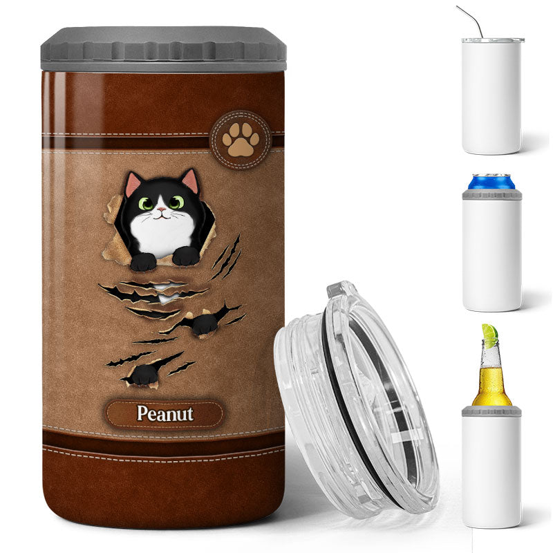 Scratching Fluffy Cats Leather Pattern Personalized 4 In 1 Can Cooler