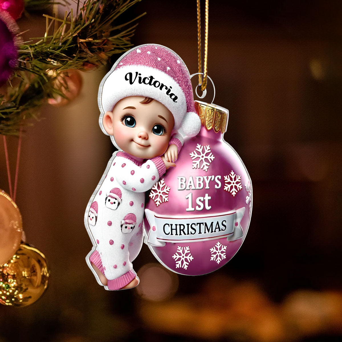 Baby Holding Bauble First Christmas Personalized 2D Flat Acrylic Ornament, Christmas Gift for New Mom, New Dad, Baby Keepsake