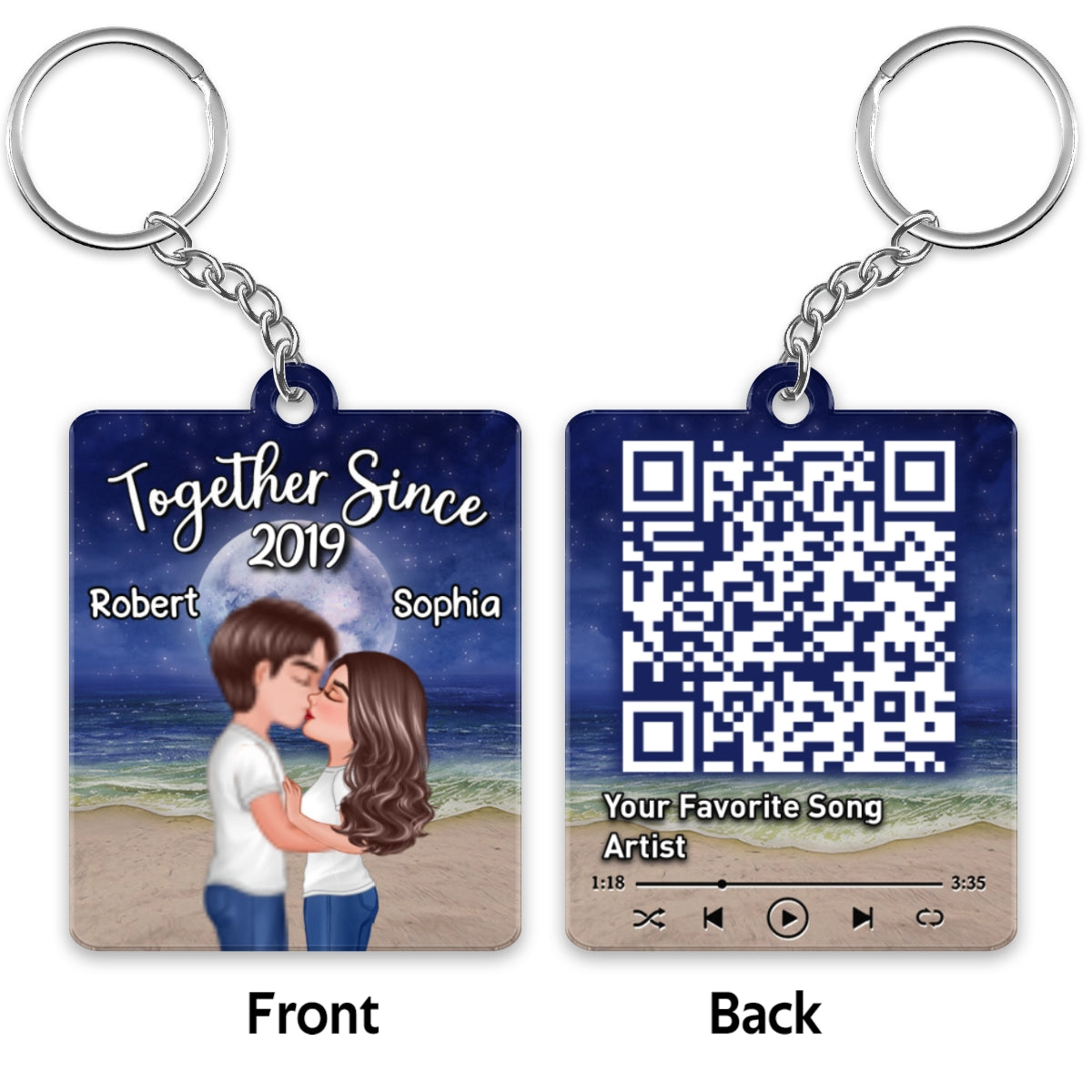Doll Couple Kissing Night Beach Favorite Song QR Code Personalized Acrylic Keychain