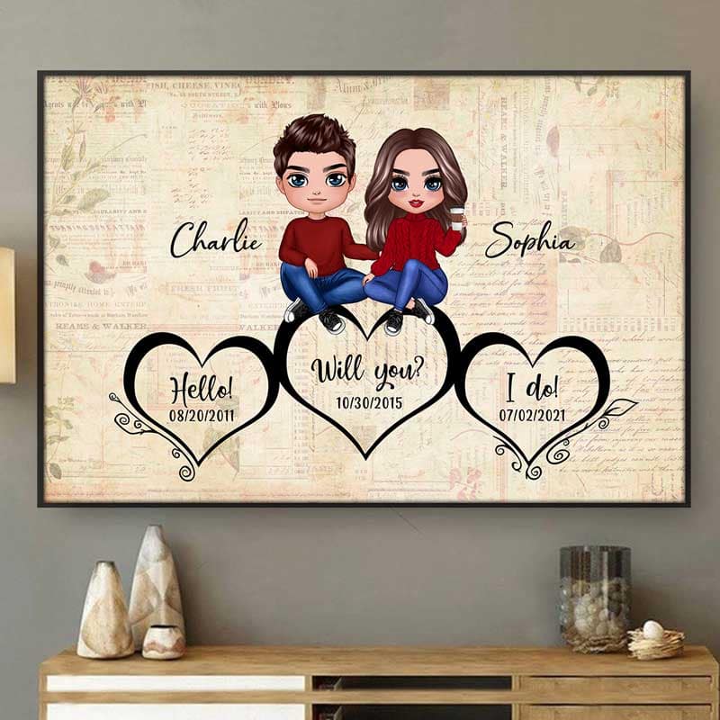 Couple Sitting On Hearts Anniversary Valentine‘s Day Gift For Him For Her Personalized Poster
