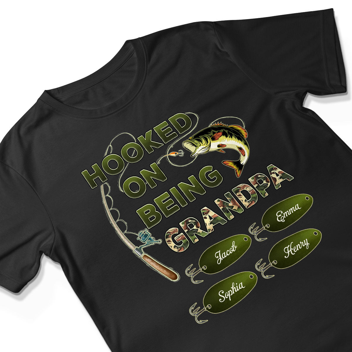 Hooked On Being Grandpa Papa Fishing Camouflage Personalized Dark Color Shirt, Father's Day Gift For Grandpa, Dad, Husband