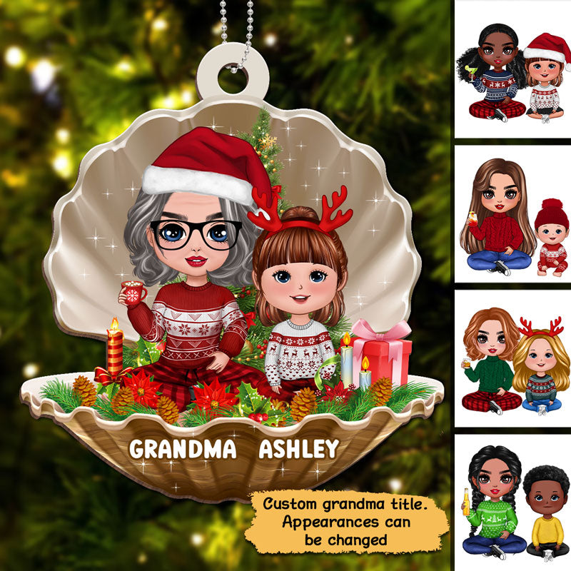 Grandma Grandkids In Pearl Shell Personalized Christmas Wooden Ornament