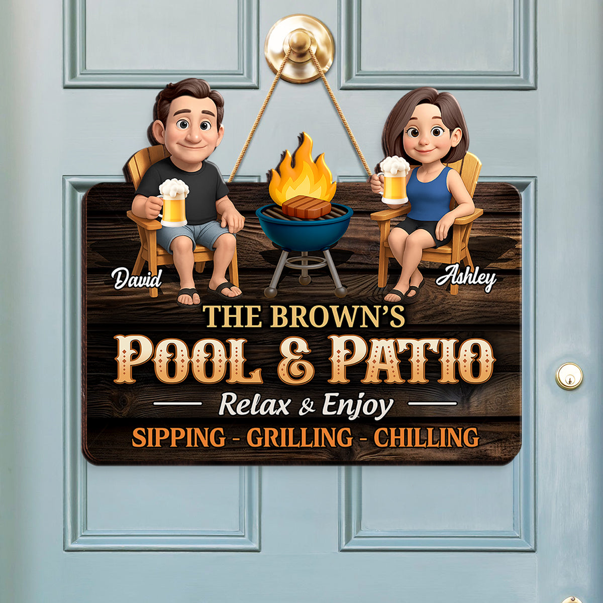 Couple Pool & Patio Sipping Grilling Chilling Personalized Wood Sign
