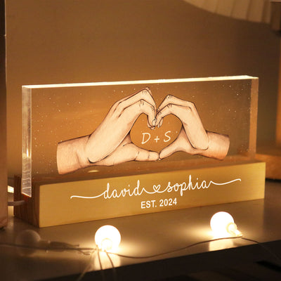 Couple Heart Hands Personalized Acrylic Block LED Night Light, Gift For Him, For Her, Boyfriend, Girlfriend, Husband, Wife