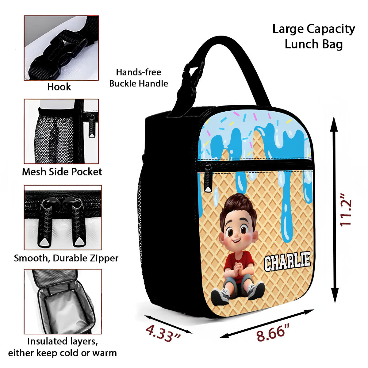 Ice Cream Drip Personalized Insulated Kid Lunch Bag, Back to School Lunch Bag for Kids
