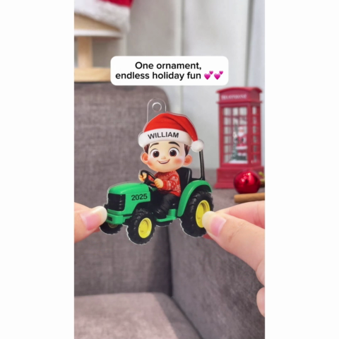 3D Effect Little Boy Kid With Tractor Excavator Backhoe Christmas - Personalized Acrylic Ornament - Gift For Grandkids, Kids