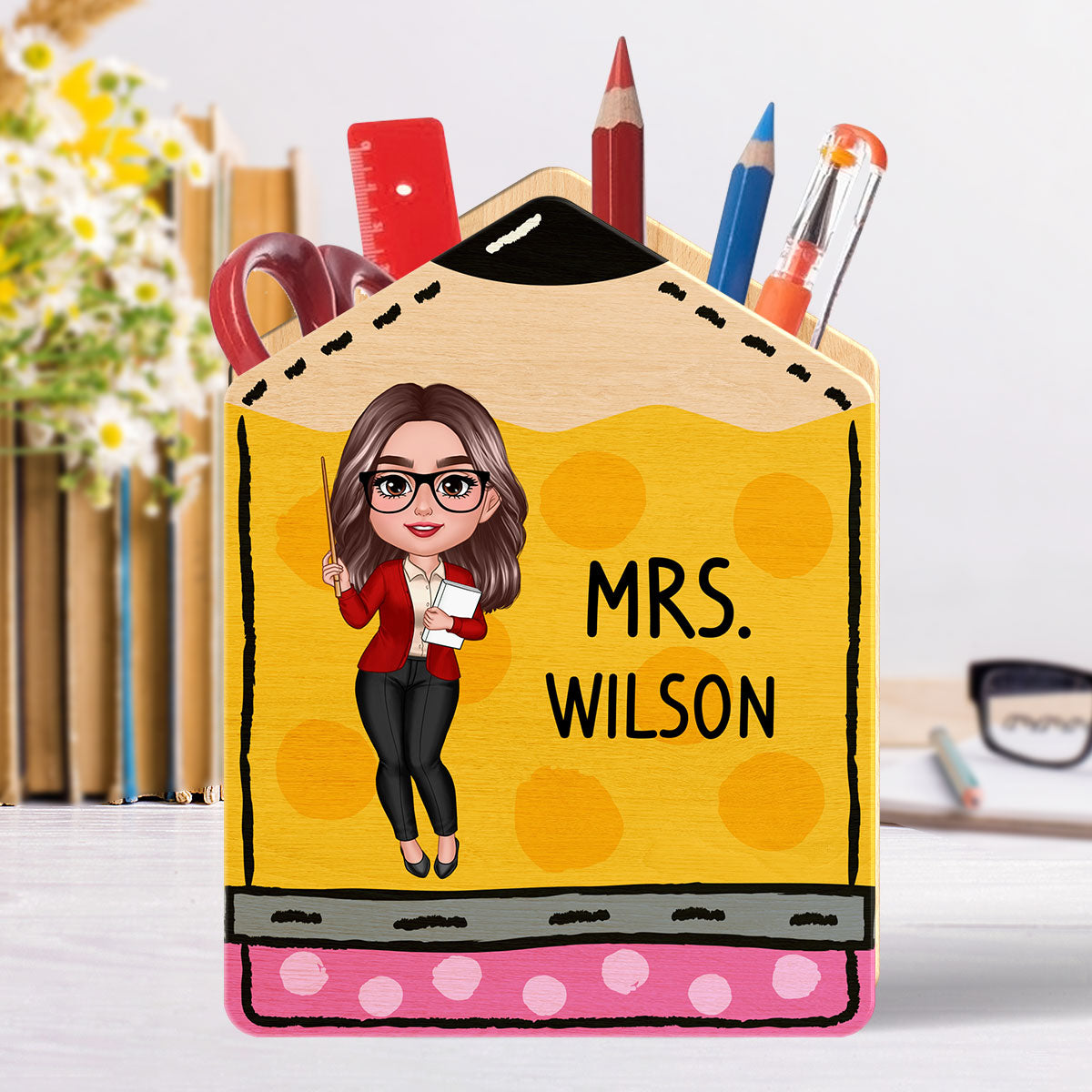 Doll Teacher Vertical Pencil Personalized Pen Pencil Holder, Back To School Gift