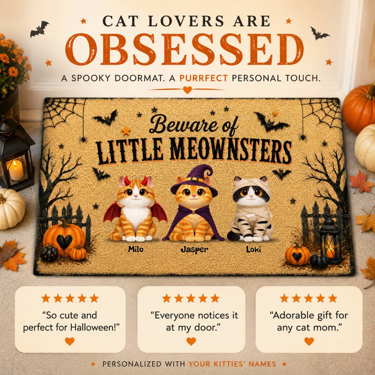 Spooky Halloween Beware of Little Cats Meownsters - Personalized Doormat - Halloween Gift For Cat Lovers, Halloween Decor