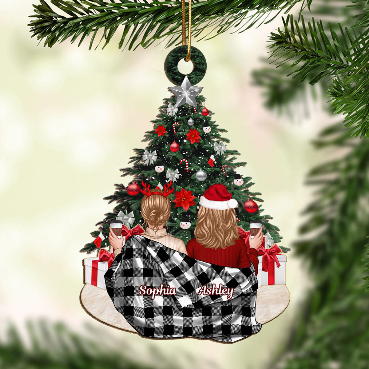 Besties Sisters Sitting In Blanket Christmas Tree Personalized Wooden Ornament