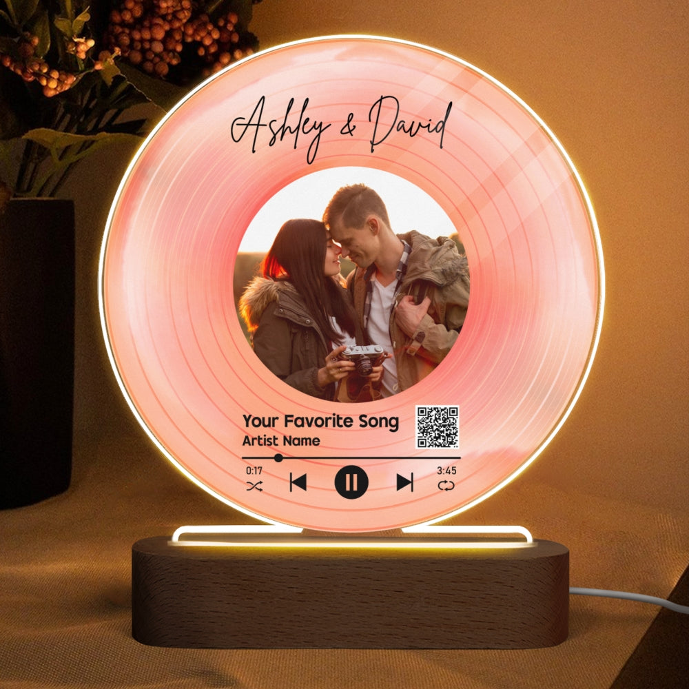 Couple Photo & Favorite Song Scannable QR Code Personalized Acrylic Circle LED Night Light