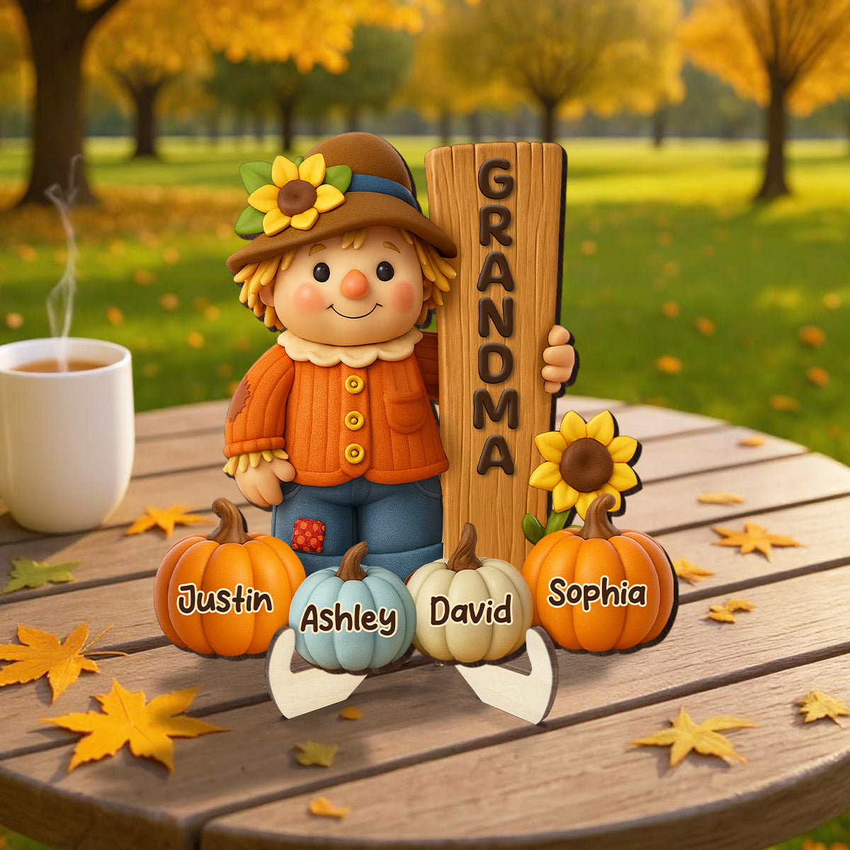 Grandma Scarecrow Standing Grandkids Pumpkins 3D Effect Personalized 2-Layer Wooden Plaque