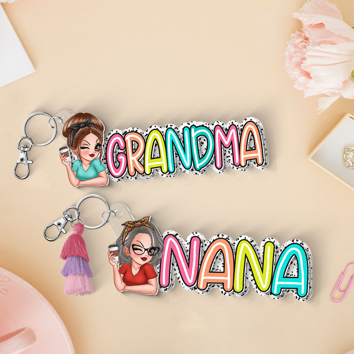 Grandma Mom Colorful Dalmation Dot Pattern Personalized 2-Layer Acrylic Keychain