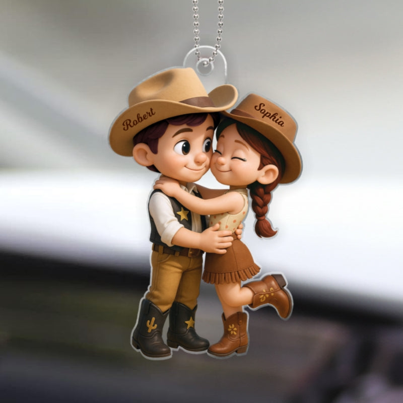 Cartoon Style Countryside Couple Cowboy Cowgirl Car Accessories Personalized Car Hanger Ornament