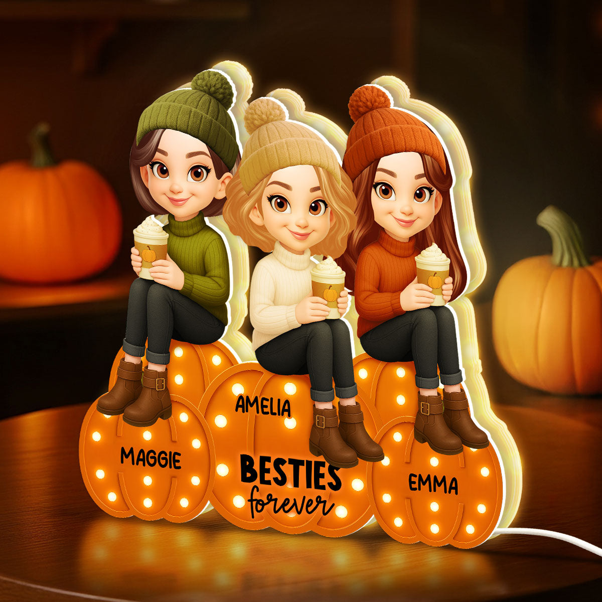 Besties Sisters Sitting On Pumpkins Marquee Pattern Effect Personalized LED Light Box, Cozy Fall Vibe Home Decoration