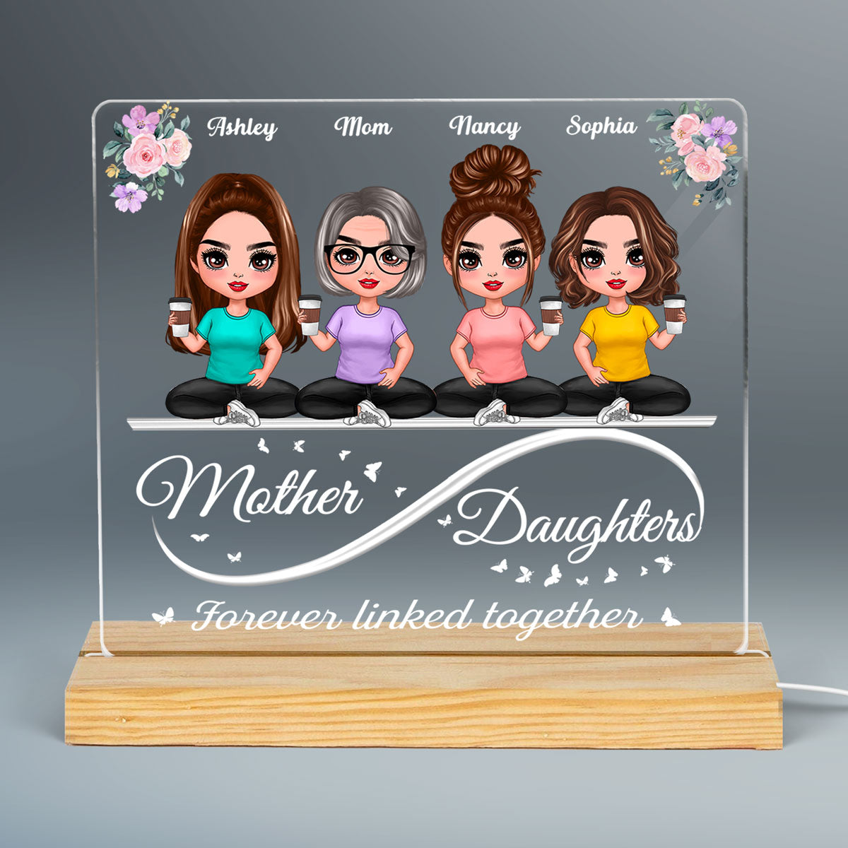 Doll Mother Daughters Sitting On Infinity Personalized Acrylic Custom Shape LED Night Light