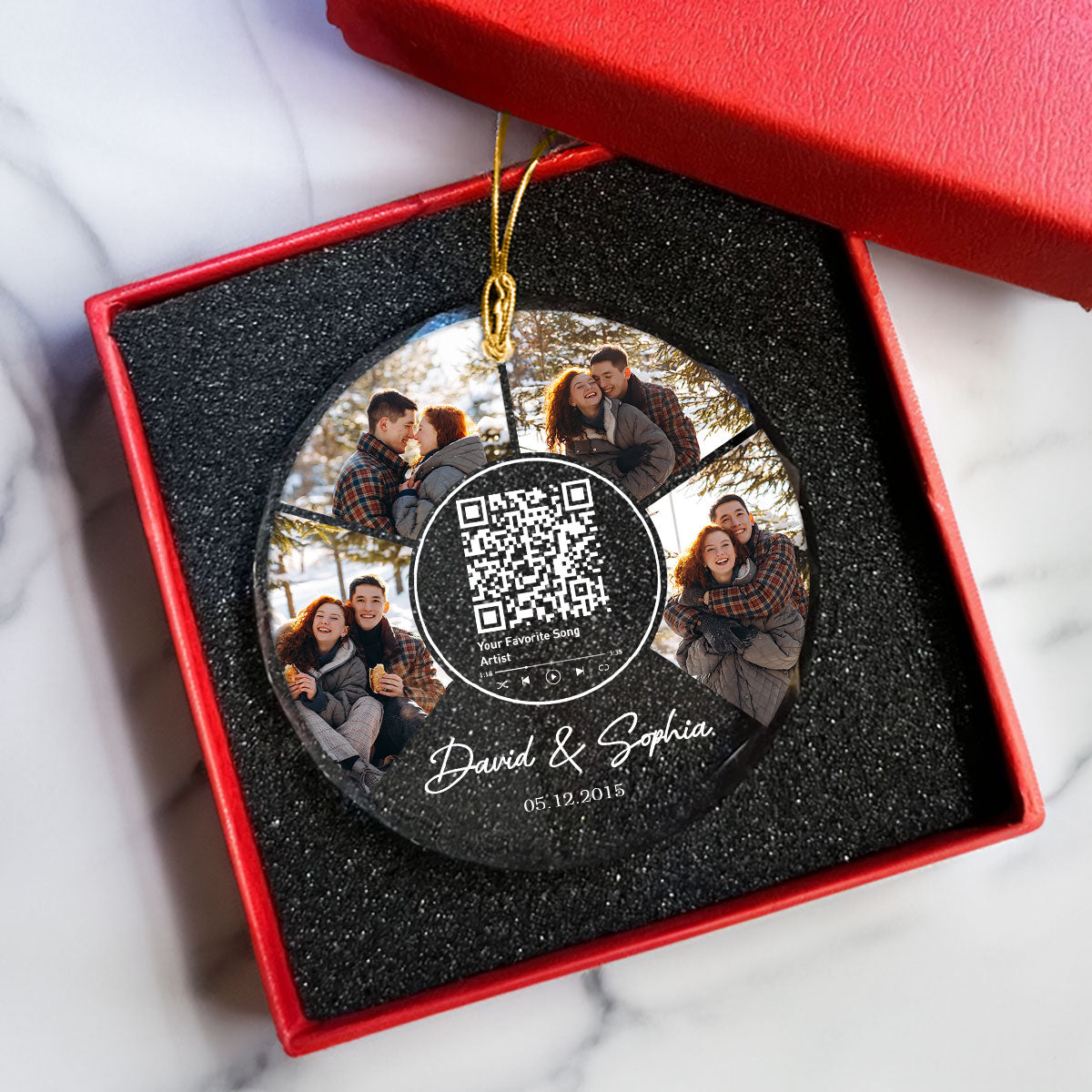 Couple Photo Custom Song Scannable QR Code, Personalized Glass Ornament