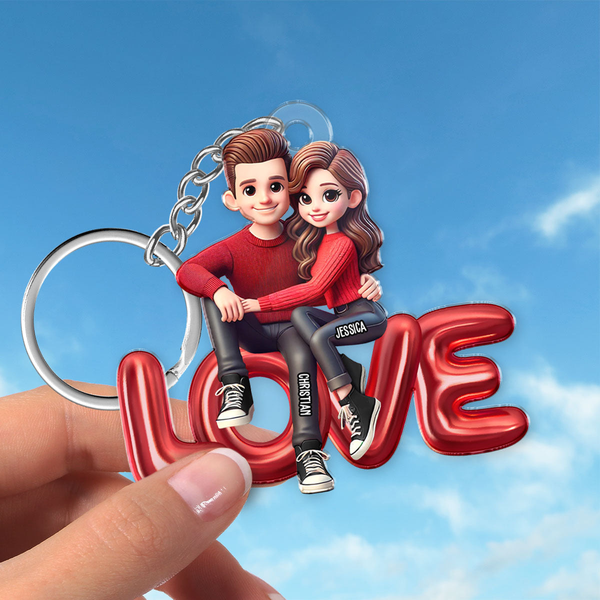 3D Effect Couple Sitting On LOVE Personalized Acrylic Keychain,  gift, Anniversary Gift for Couples