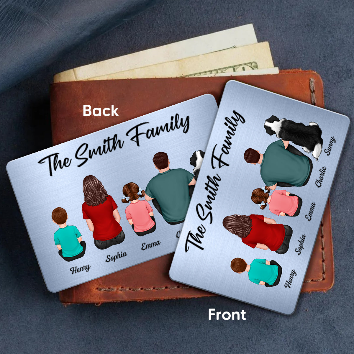 Family Sitting Back View Couple Kid Dog Cat Personalized Wallet Insert Metal Wallet Card