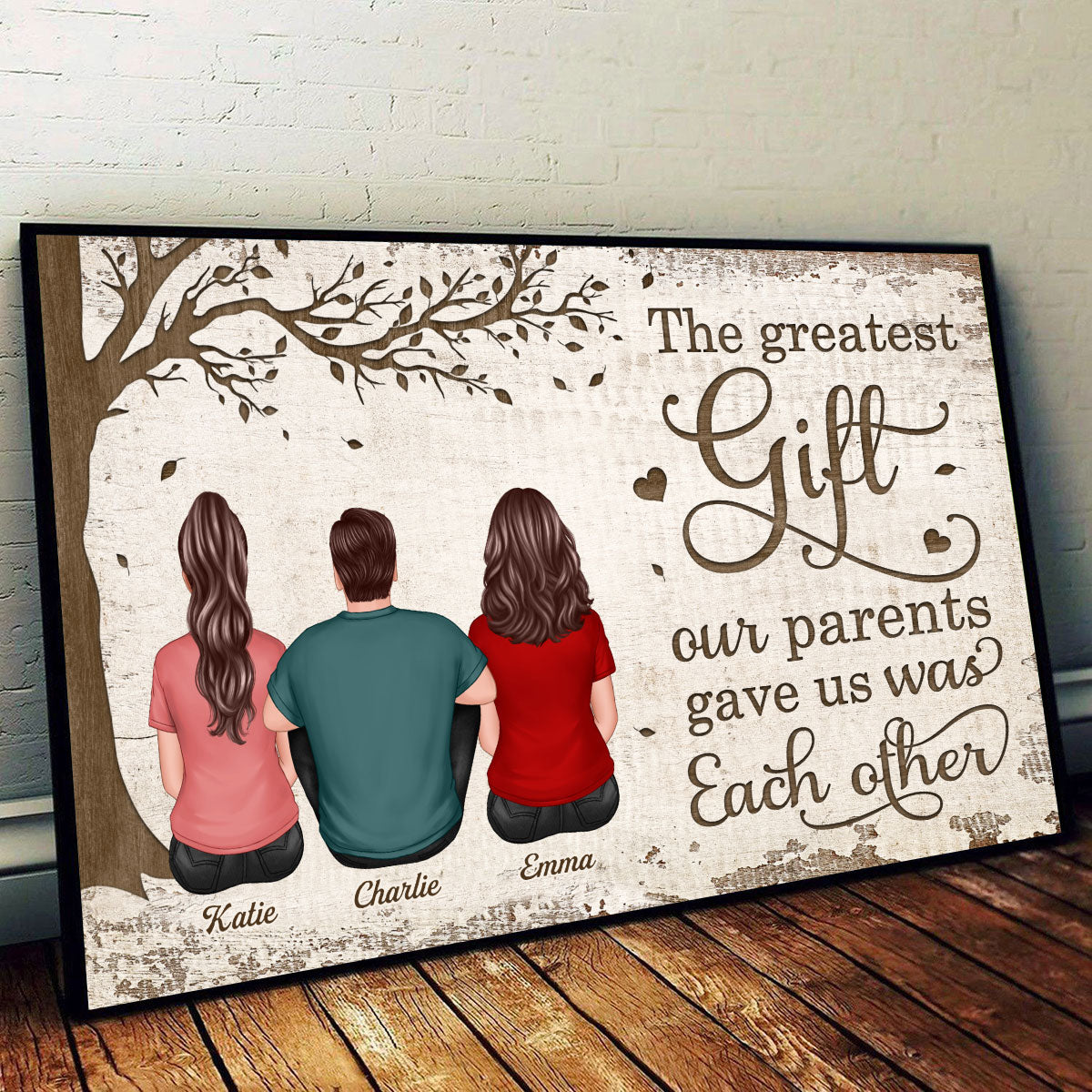 Back View Brothers And Sisters Sitting Under Tree Personalized Horizontal Poster