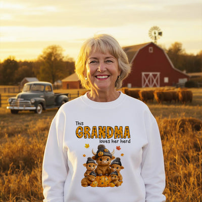 This Mama Loves Her Herd Cute Highland Cow Pumpkin Personalized Sweatshirt, Fall Sweatshirt for Mom Grandma