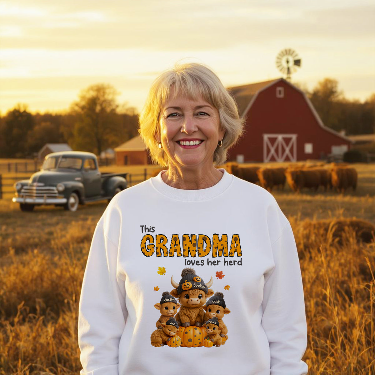 This Mama Loves Her Herd Cute Highland Cow Pumpkin Personalized Sweatshirt, Fall Sweatshirt for Mom Grandma