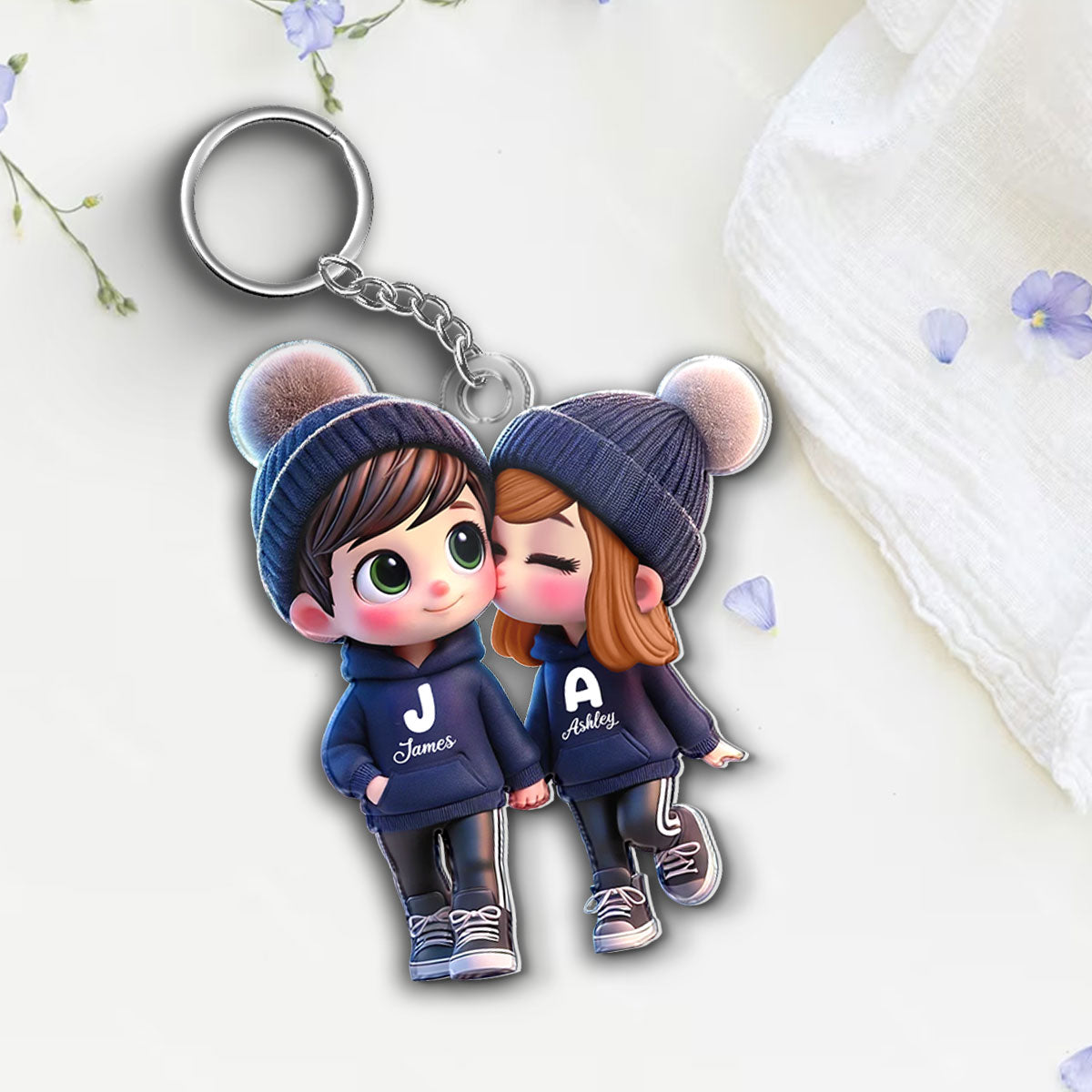 3D Effect Cute Cartoon Couple Walking - Personalized Acrylic Keychain - Unique Valentine's Day Gift For Him, Gift For Her