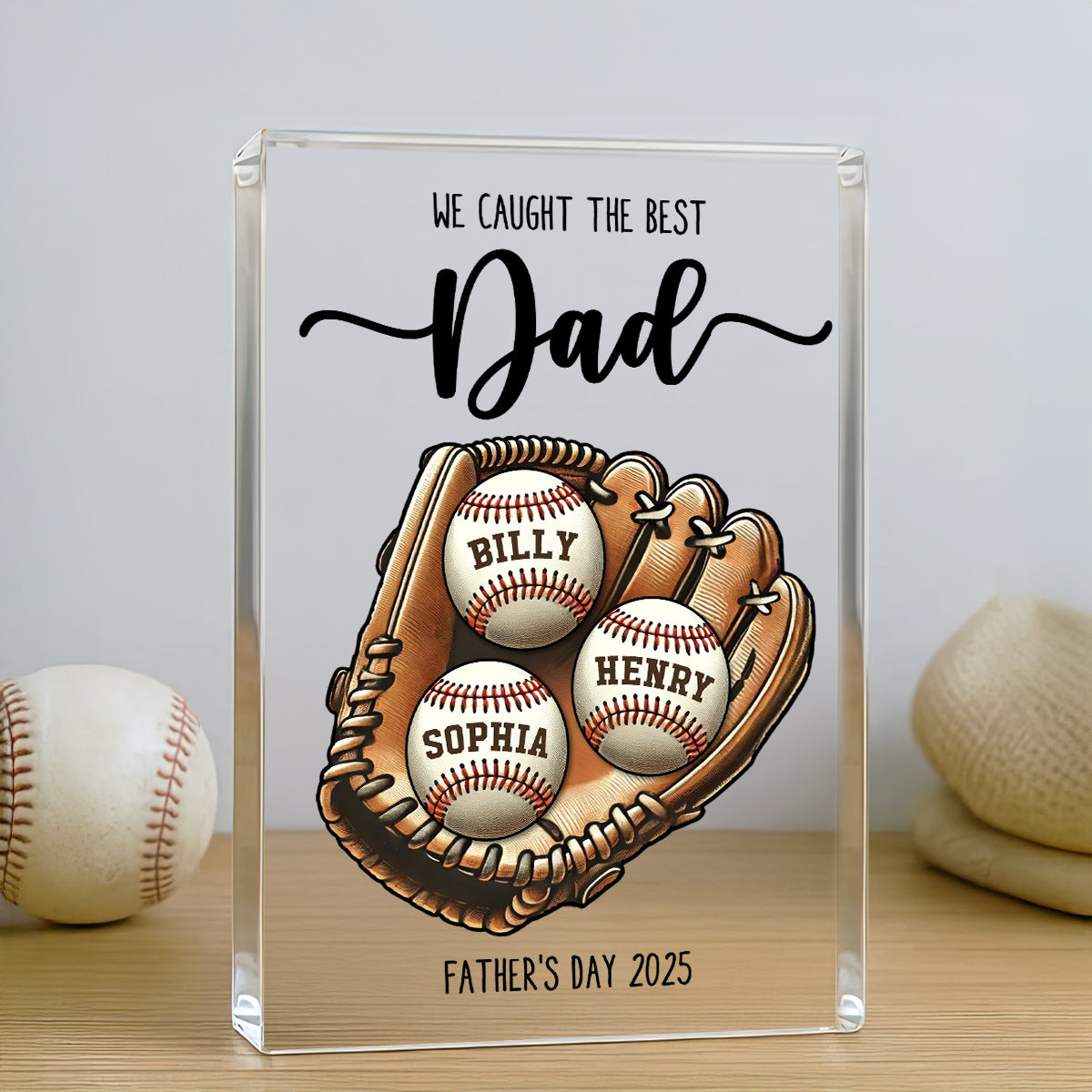 We Caught The Best Dad Baseball, Softball Personalized Acrylic Block Plaque, Custom Kid's Name, Father’s Day Gift For Husband, Gift For Dad