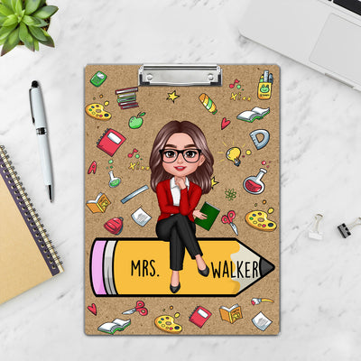 Teacher Sitting On Pencil School Things Personalized Clipboard, Gift For Teacher, Teacher Appreciation Gift, Back To School Gift