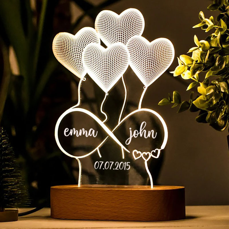 Couple Infinity Hearts Personalized Plaque With LED Night Light - Acrylic LED Lamp - Valentines Day Gift - Anniversary Gift - Romantic Gift For Couple - Gift For Him - Gift For Her