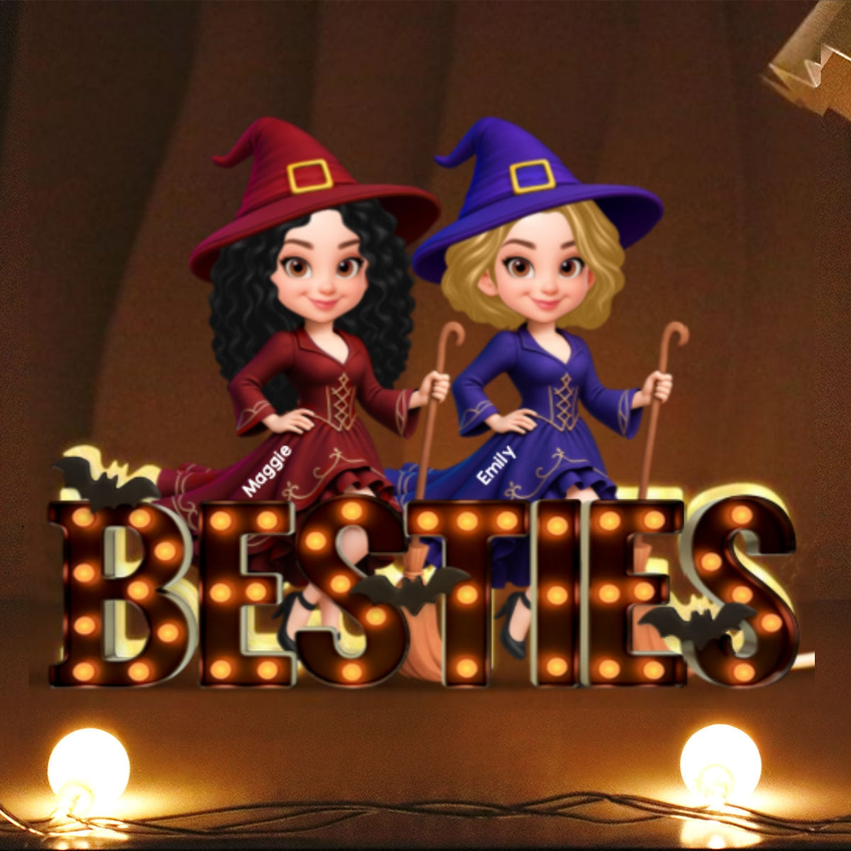Halloween Besties Sisters Witch Marquee Personalized LED Light Box